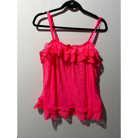 Victoria's Secret Babydoll Cami Nightie Neon Pink Ruffle Lace Lingerie L - Picture 3 of 5